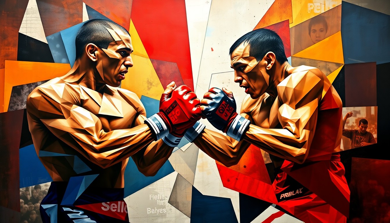 A fractured, cubist-style painting depicting the intense action and energy of the Pimblett vs. Gaethje fight, with the fighters' movements and strikes deconstructed into abstract geometric shapes and forms.