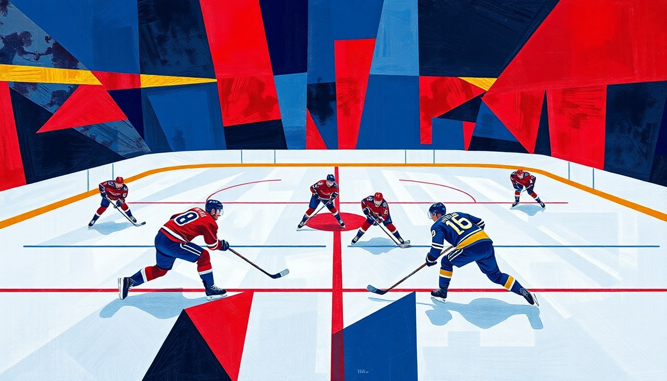 A cubist-style painting featuring overlapping geometric shapes in navy, crimson, and gold, abstractly depicting the action and movement of a hockey game.
