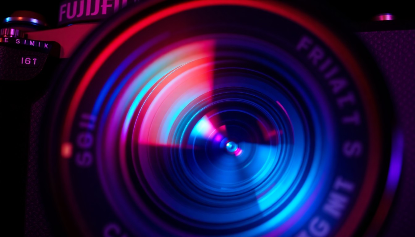 A highly detailed, glowing 3D macro illustration of a Fujifilm camera sensor and lens elements illuminated by neon cyan and magenta lights, conceptually representing the digital technology behind the 'Italian Dream' film simulation recipe.