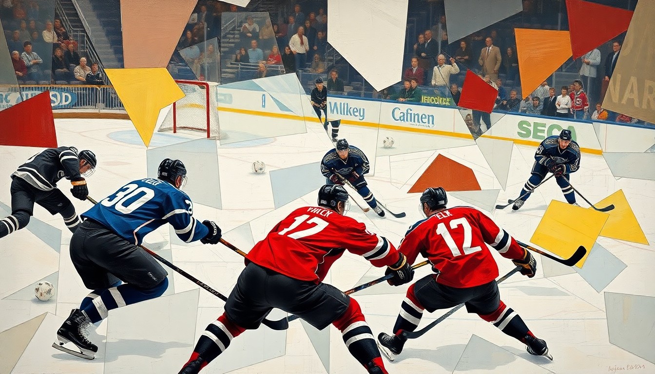 A cubist, geometric painting depicting a fragmented hockey game, with players' bodies broken down into sharp, overlapping planes of color, conveying the physical toll of the sport.