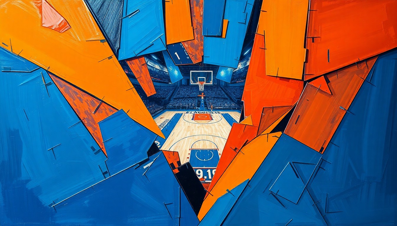 A fragmented, geometric painting depicting a basketball game or playoff competition, with sharp planes of color and overlapping perspectives, conveying the tension and complexity of the Thunder-Clippers playoff scenario.