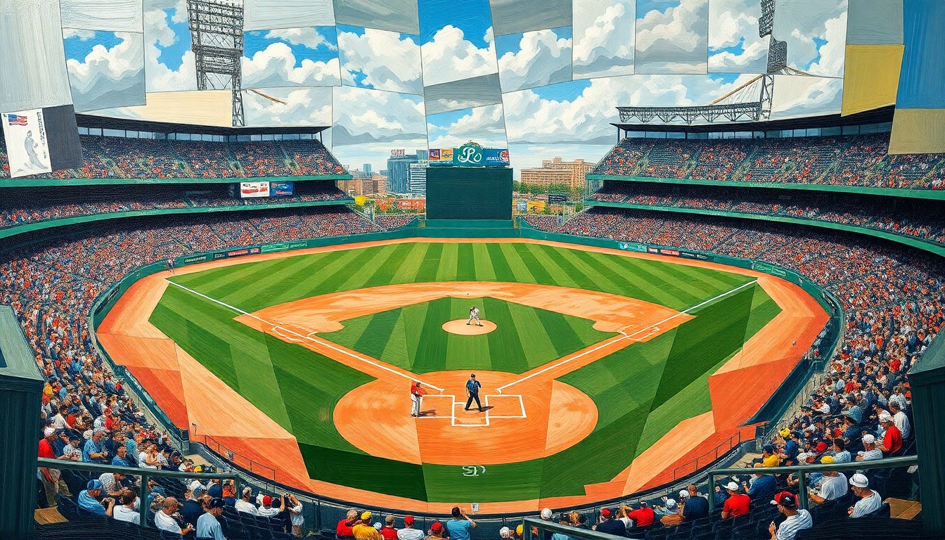 A cubist-style painting depicting a baseball infield and players broken down into sharp, overlapping geometric shapes and planes, conceptually representing the Mariners' strategic approach to building their infield of the future.