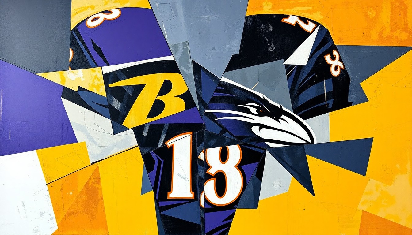 A cubist-style painting featuring fragmented geometric shapes in the Ravens' signature purple and black colors, representing the team's new uniform design in an abstract, multi-perspective manner.