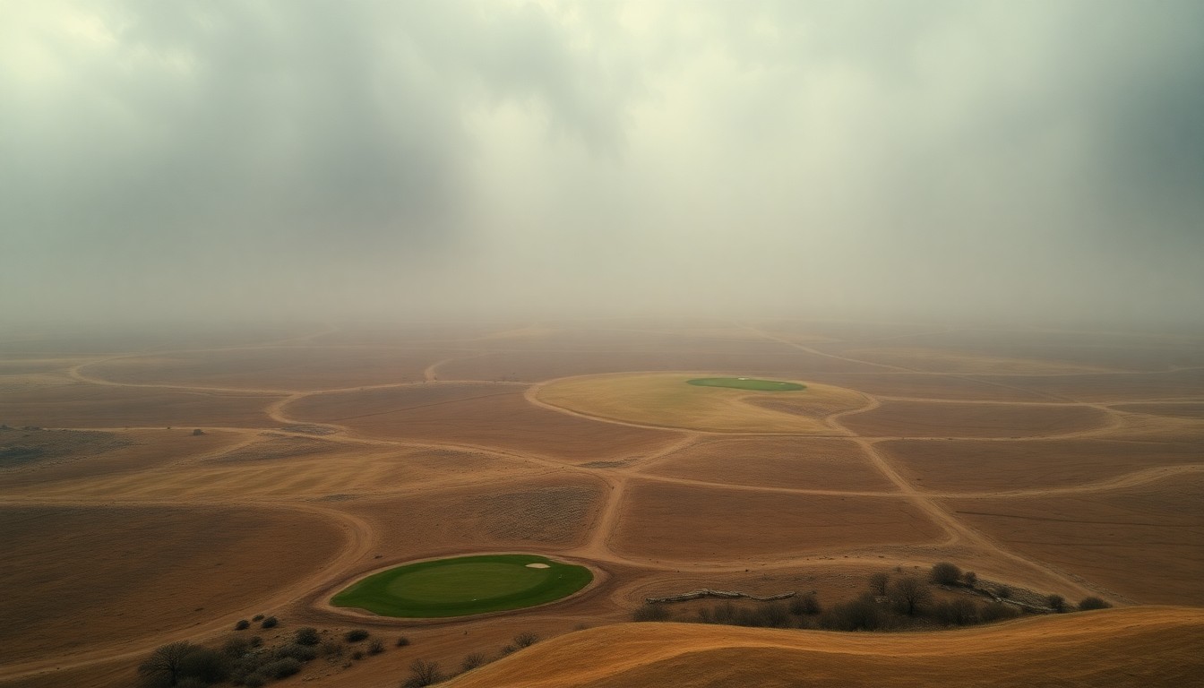 A vast, atmospheric landscape painting depicting a parched, drought-stricken golf course surrounded by a hazy, oppressive environment, conveying the overwhelming scale of the natural world and the challenges faced by the community.