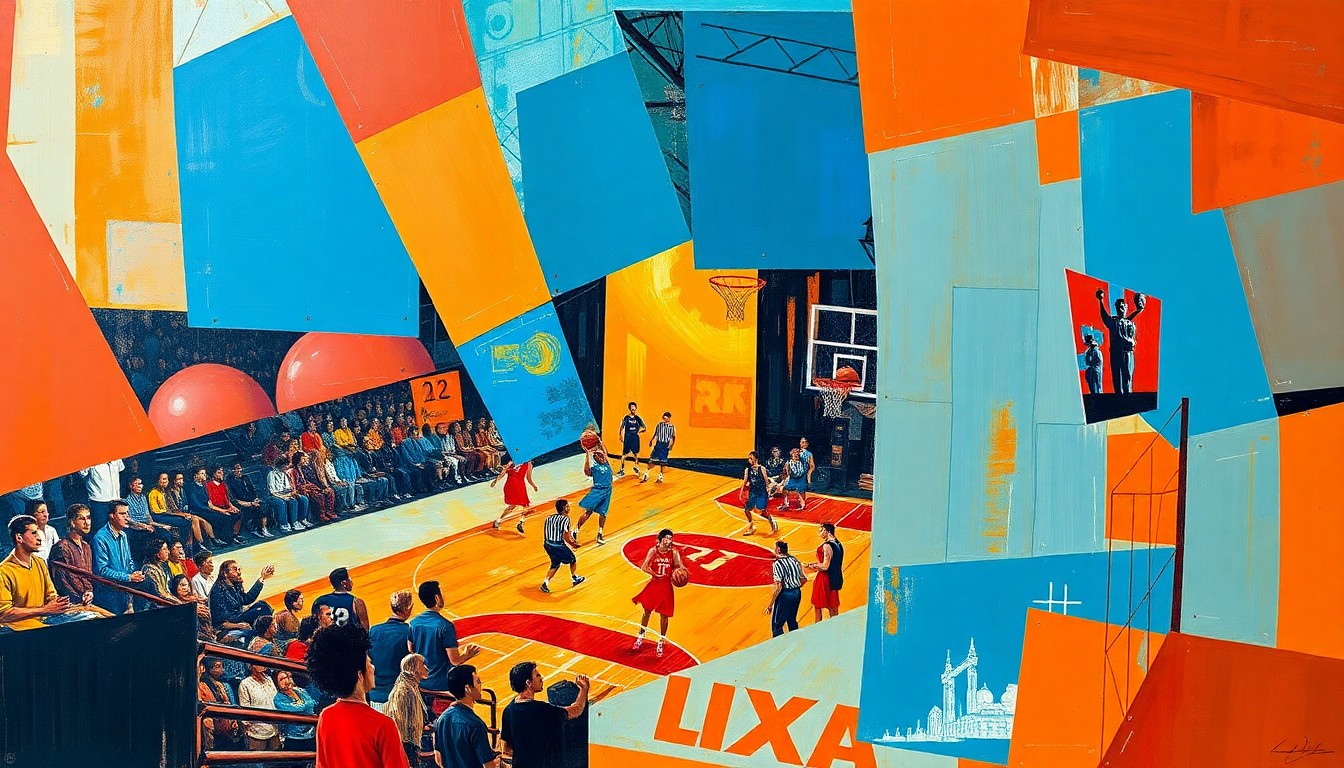 A fragmented, geometric painting depicting a basketball game, with sharp planes of orange, red, and blue overlapping to create a dynamic, abstract composition.