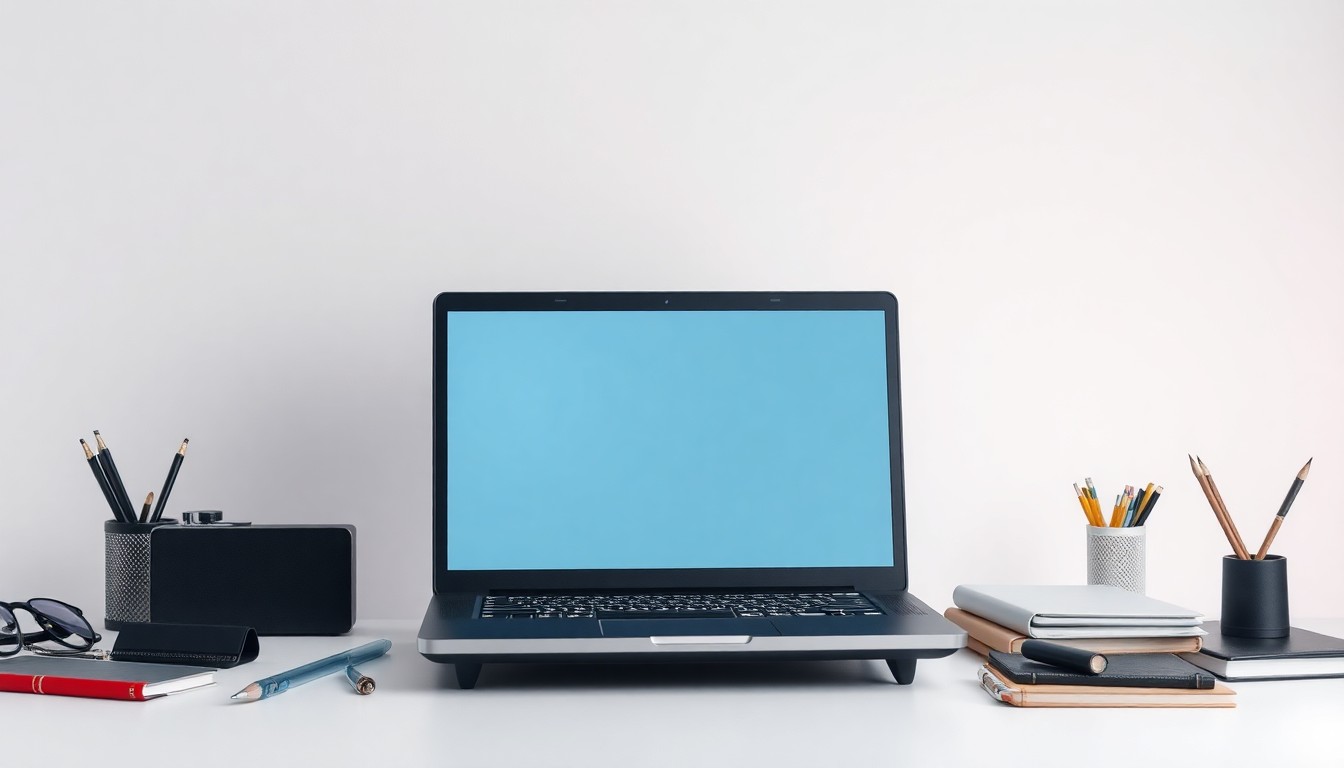 A photorealistic studio still life featuring a sleek laptop computer surrounded by office supplies, symbolizing the disruption of school computer systems by a ransomware attack.