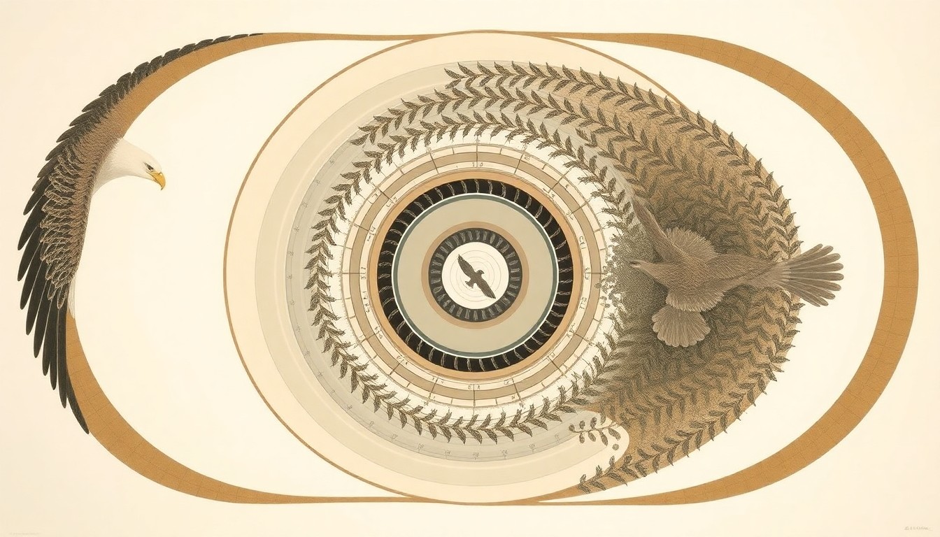 A bold, abstract painting in earthy tones featuring sweeping geometric arcs, concentric circular forms, and precise botanical spirals, conceptually representing the complex life cycle and nesting behaviors of bald eagles.