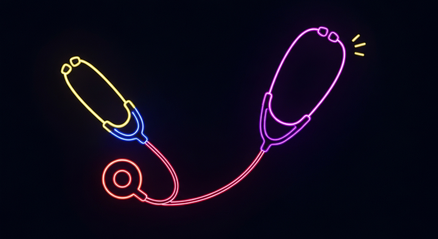 An abstract illustration featuring a glowing neon outline of a medical stethoscope against a dark background, conveying the urgent and complex nature of healthcare claim denials.