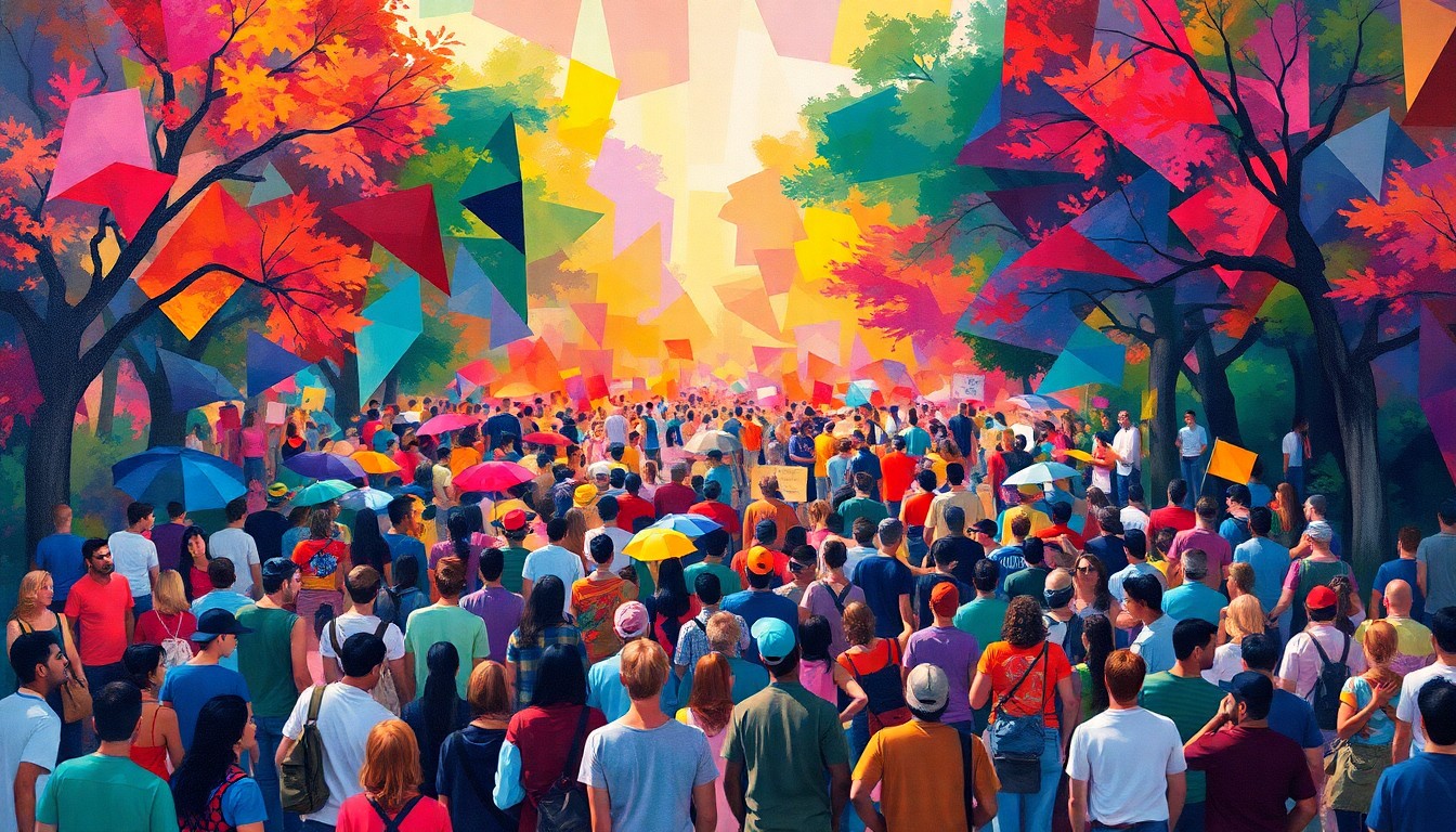 A vibrant, abstract painting depicting a crowd of people gathered in a park, with overlapping geometric shapes and waves of color representing the energy and movement of the festival.