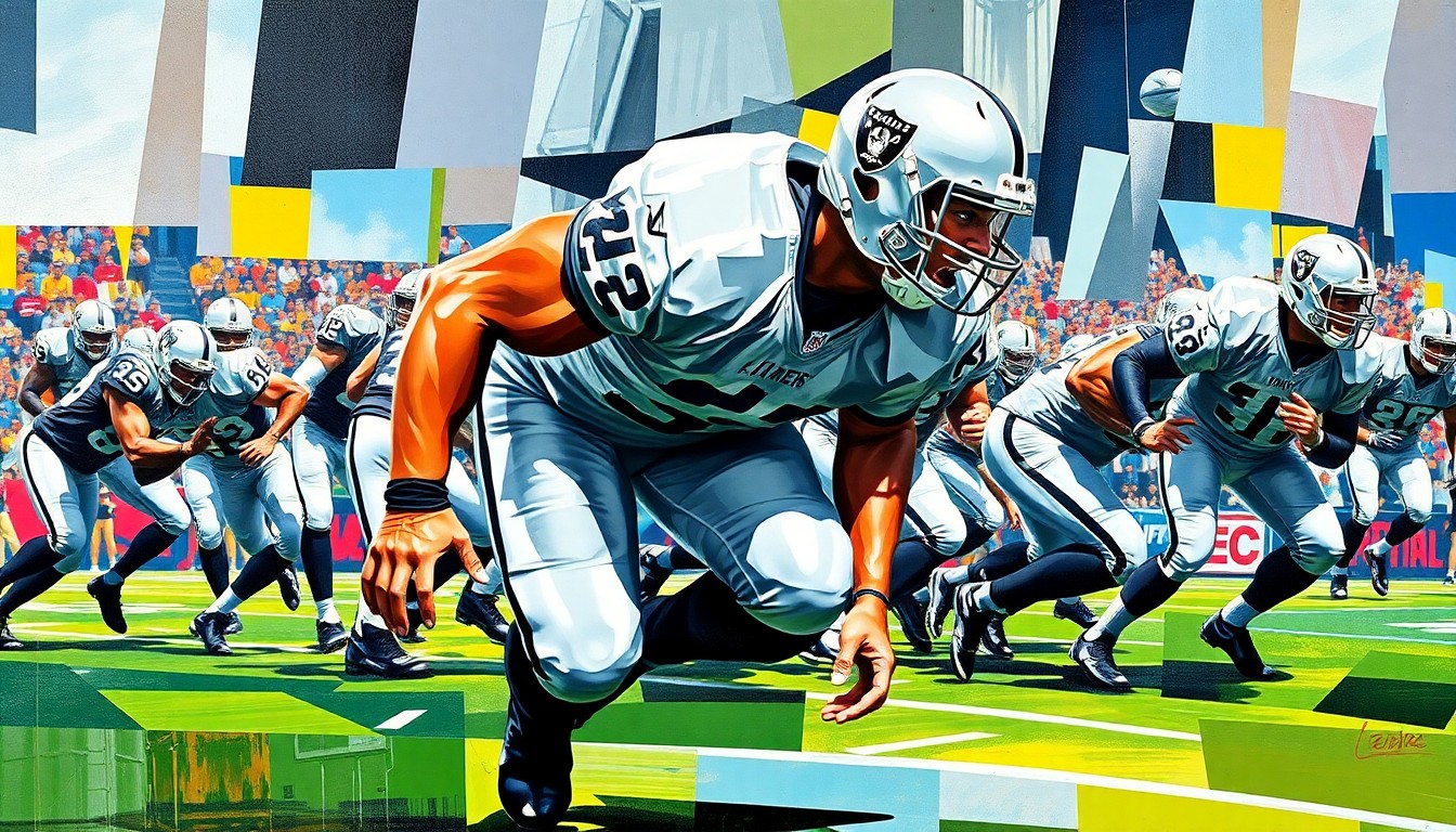 A cubist, geometric painting depicting an offensive lineman in action, with sharp, overlapping planes of silver, black, and other vibrant colors representing the Raiders' uniform.