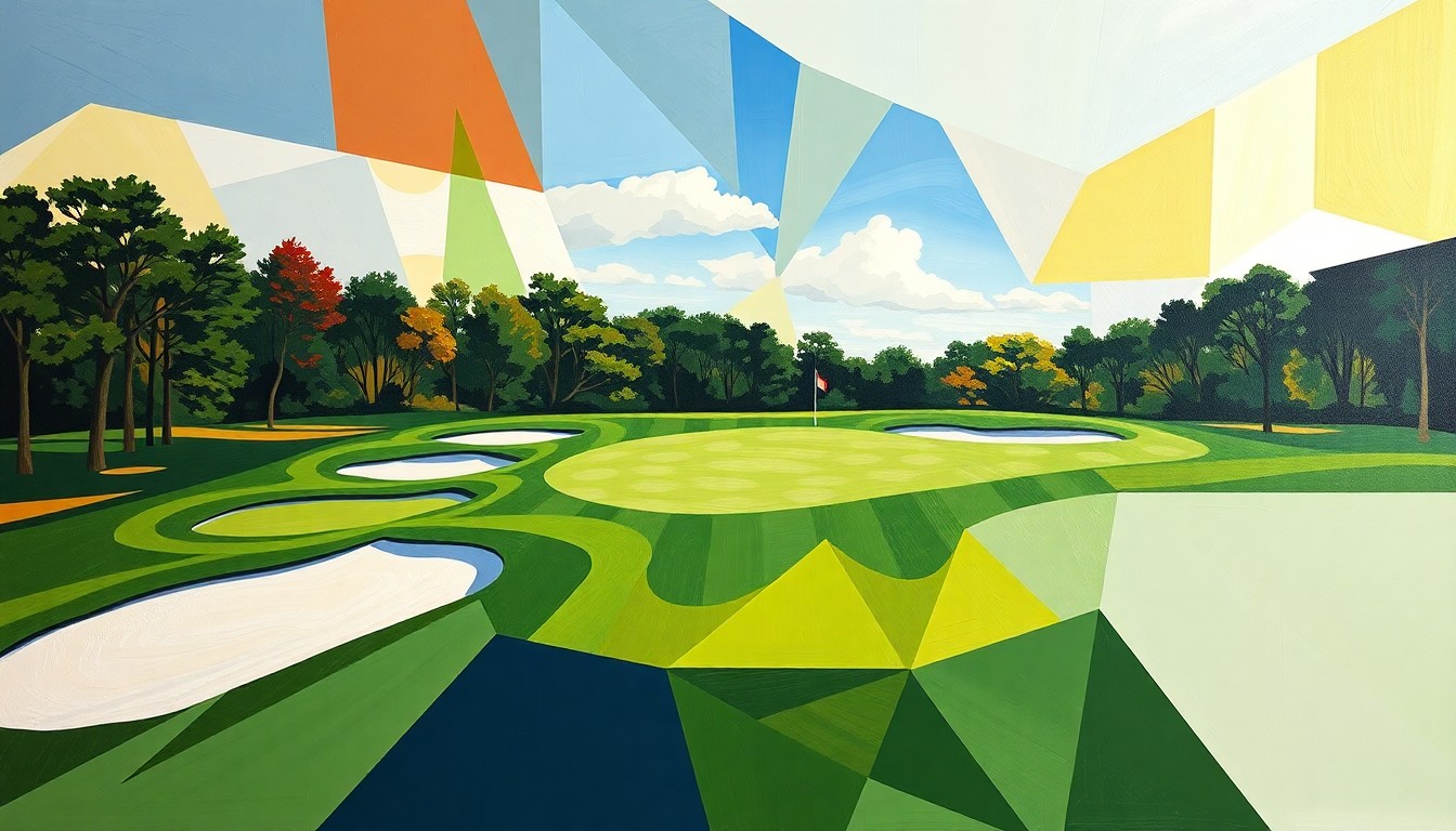 A cubist, geometric painting depicting the 7th hole at Augusta National Golf Club, with the fairway, bunkers, and green represented as abstracted, overlapping shapes in a fractured, multi-perspective composition, conceptually illustrating the hole's increased difficulty and complexity.