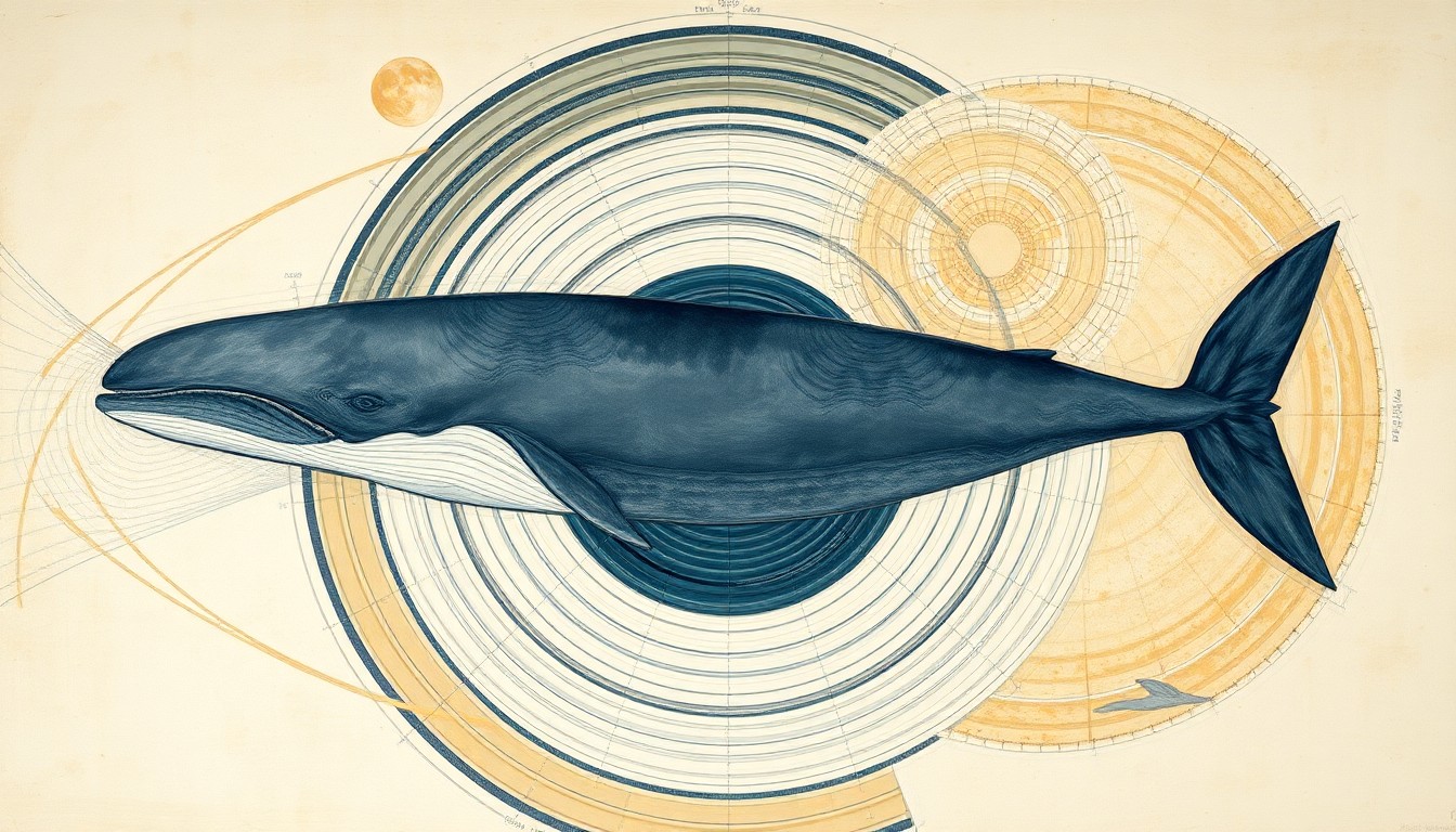 A bold, abstract painting featuring sweeping geometric shapes, concentric circles, and intersecting waveforms in earthy tones, representing the intricate relationship between the gray whale and its changing environment.