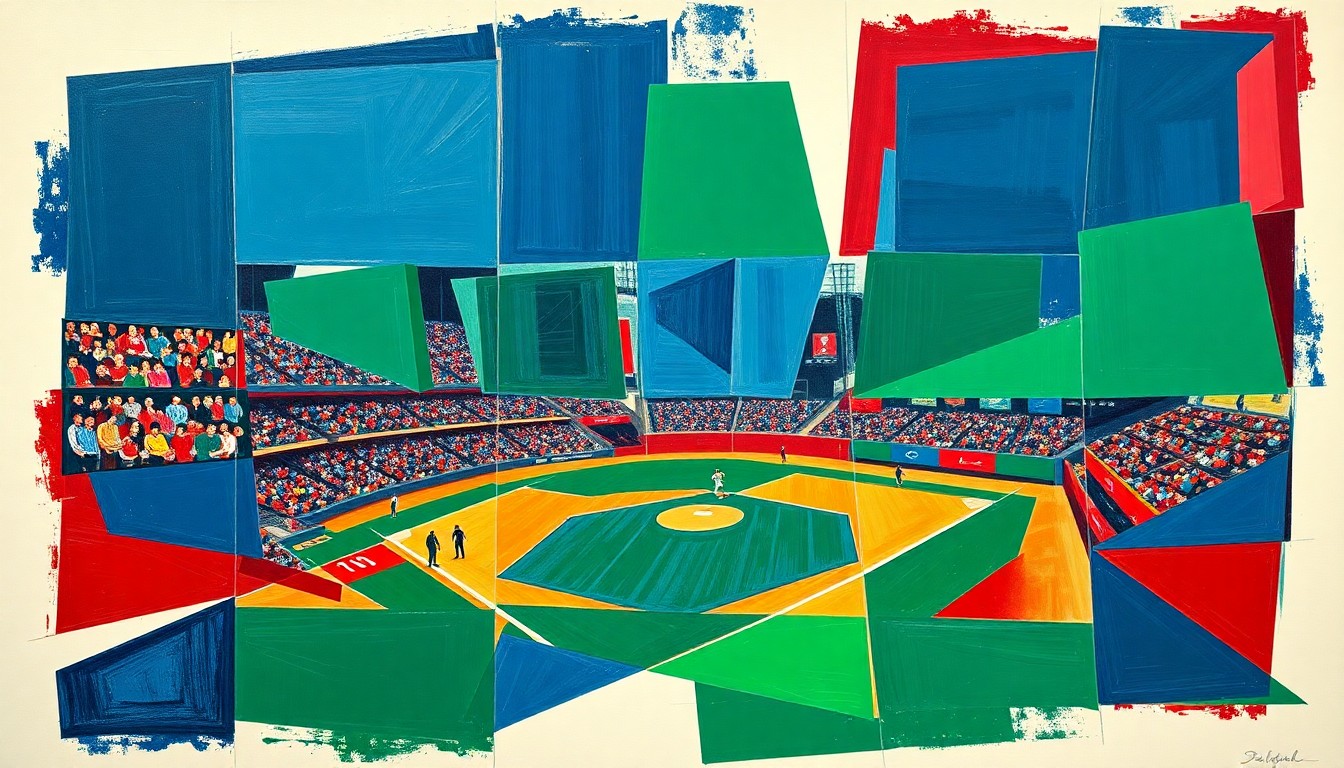 A fractured, cubist-style painting depicting the dynamic movements and energy of a baseball game, with sharp geometric shapes and planes in a bold color palette conveying the Pirates' strategic focus on cultivating a homegrown core of talent.