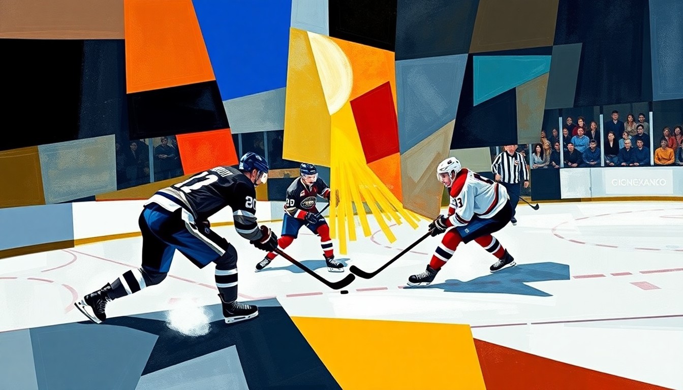 A cubist, geometric painting in shades of blue, red, and yellow, with fragmented, overlapping shapes representing the intense action and energy of a hockey game, conceptually illustrating the historic championship match between Detroit and Toronto.