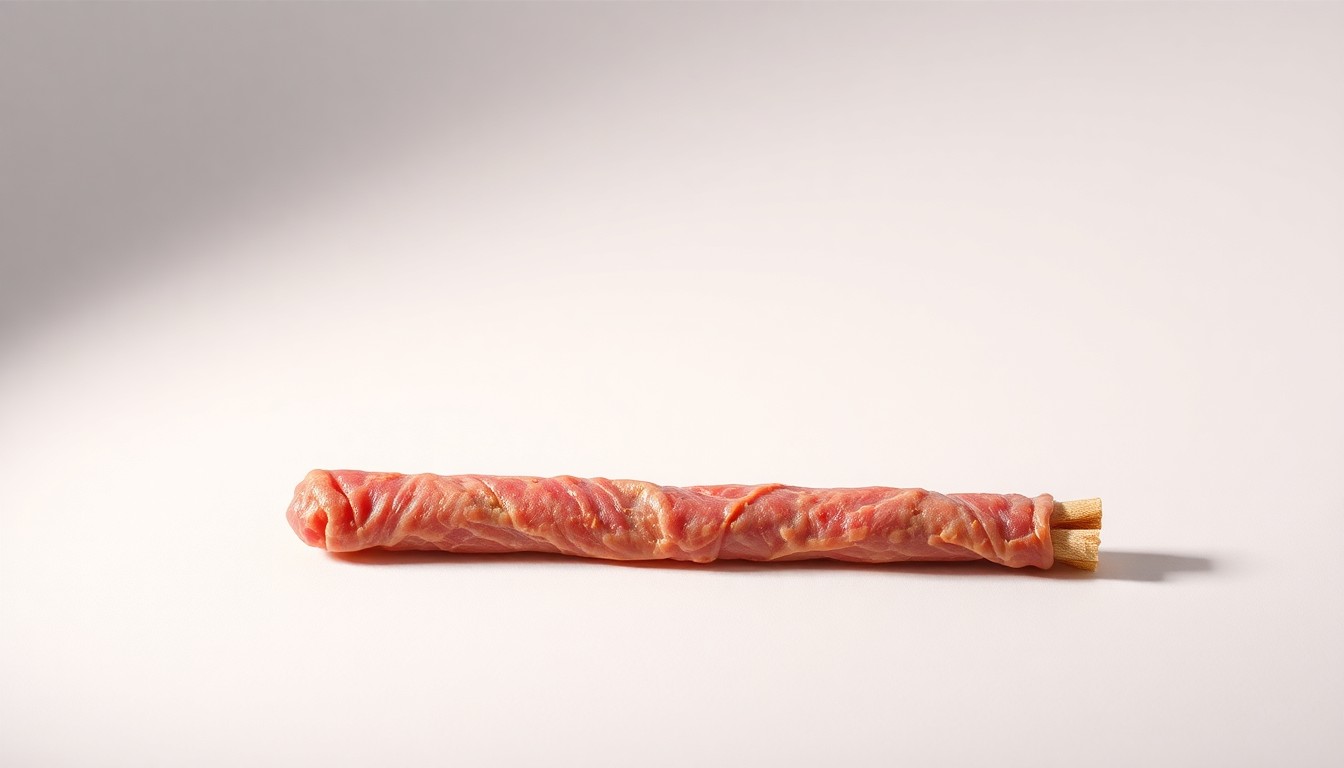 A photorealistic studio still-life image of a single, premium meat snack stick made from polished raw materials, elegantly arranged on a clean, monochromatic background using dramatic lighting to conceptually represent the growing demand for convenient protein-rich snacks.