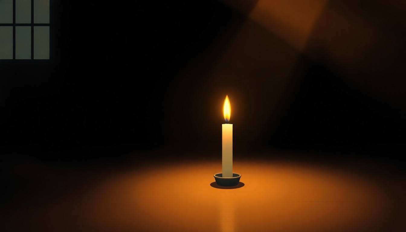A warm, cinematic painting of a single flickering memorial candle in a dimly lit room, casting soft shadows and bathed in diagonal sunlight, conveying a sense of quiet contemplation and reverence.