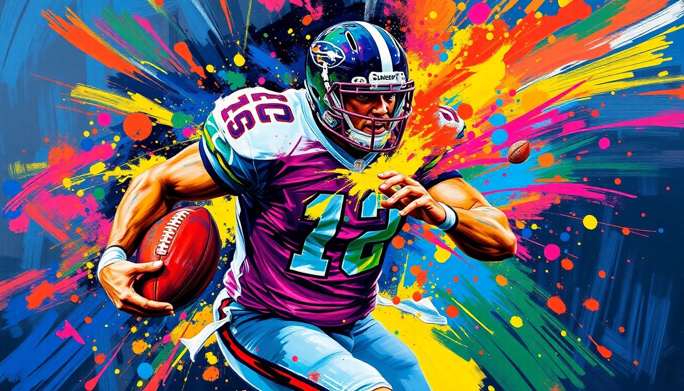 An extreme close-up of a football player's torso and arms, rendered in a vibrant, expressionist style with rapid, neon-colored brushstrokes capturing the raw energy and dynamism of the sport.