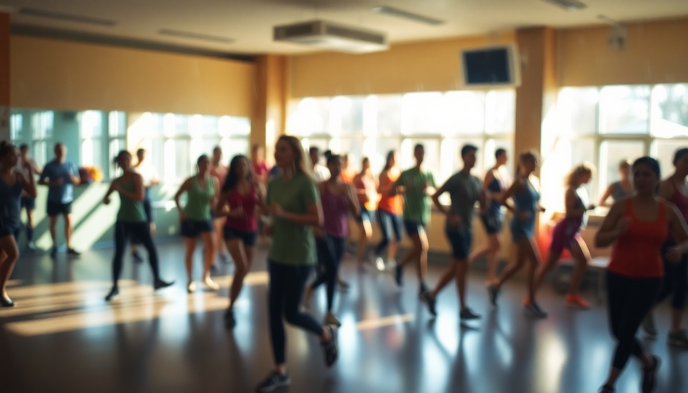 An abstract, impressionistic scene of people exercising and socializing in a warm, inviting gym setting, with soft, blurred edges and pools of color creating a sense of community and connection.