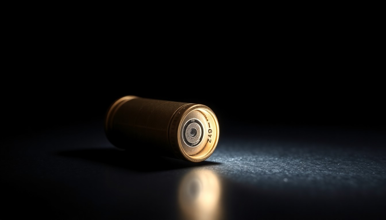 An extreme close-up of a single spent shell casing on a dark surface, reflecting a harsh, direct camera flash, conceptually representing the violence of a fatal shooting.