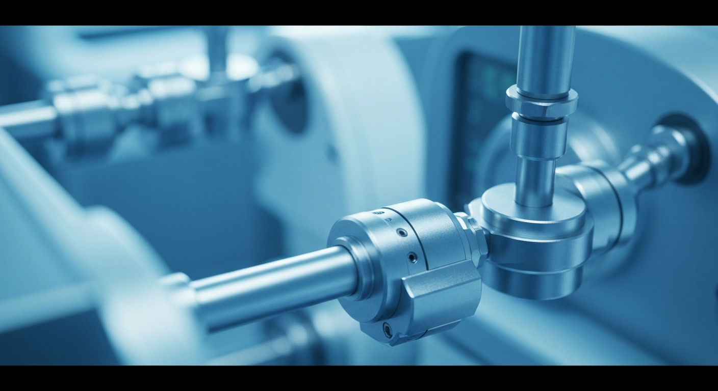 An extreme close-up of sleek, metallic medical equipment and machinery, conveying the advanced, industrial nature of Inspire Medical Systems' sleep apnea treatments.