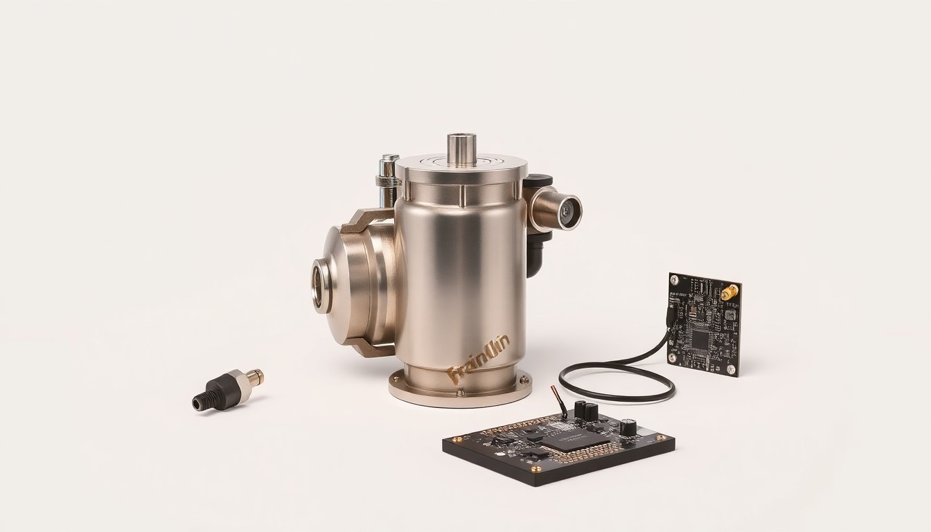 A high-end, photorealistic studio still life featuring a polished metal water pump, a fuel nozzle, and a circuit board arranged elegantly on a clean white background, conceptually representing the core technology of Franklin Electric's water and fuel pumping systems.