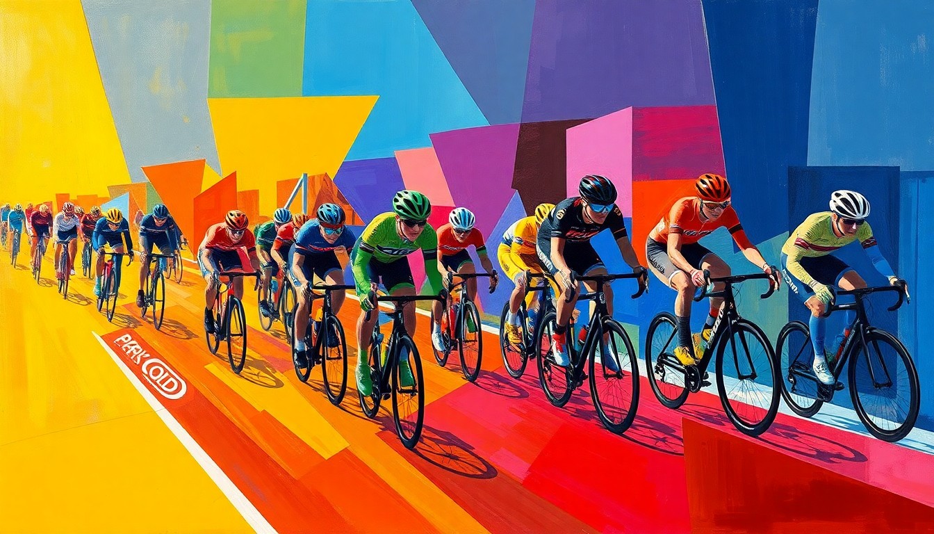 A cubist, geometric painting featuring overlapping planes of bright colors representing the dynamic action and competition of the Paris-Roubaix Femmes race, capturing the energy and drama of Franzi Koch's victory.