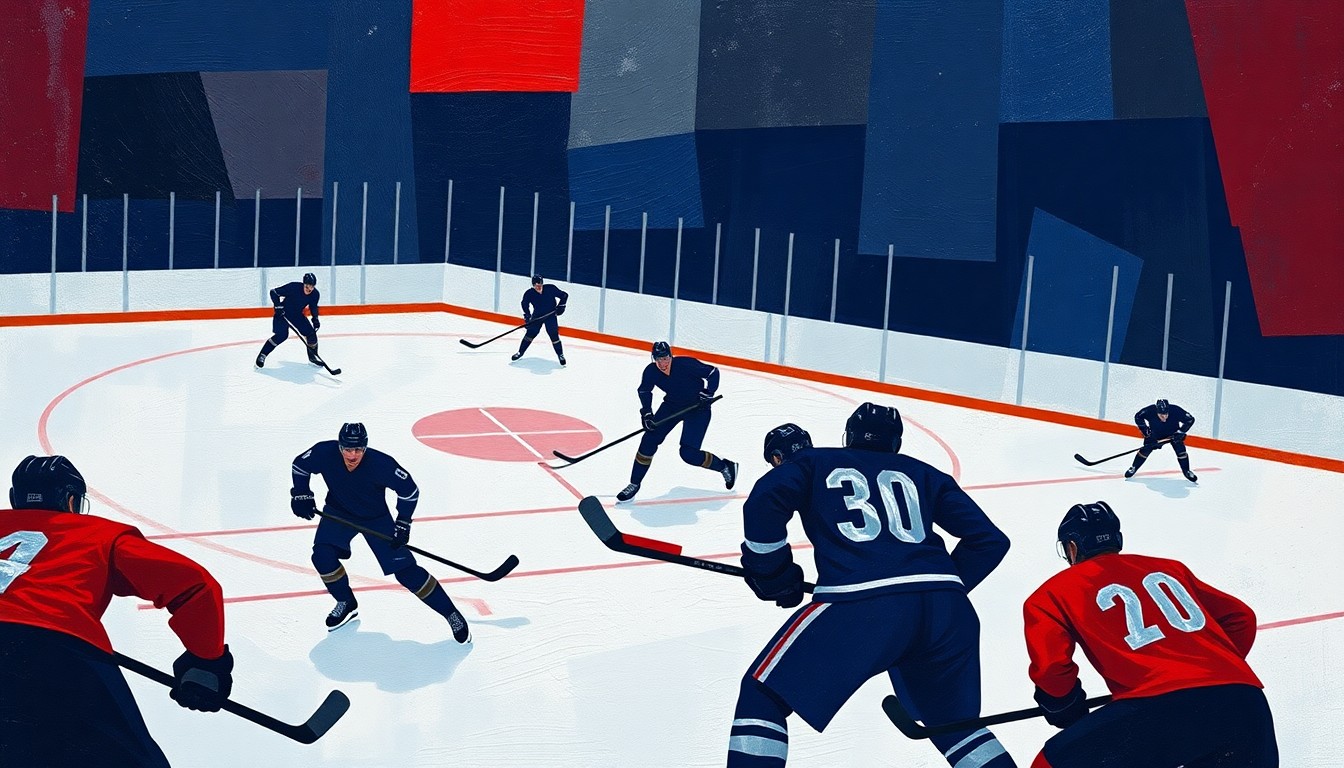 A cubist-style painting depicting the chaotic action of a hockey game, with overlapping geometric shapes representing the players, sticks, and ice, conveying the intensity and drama of the overtime finish.