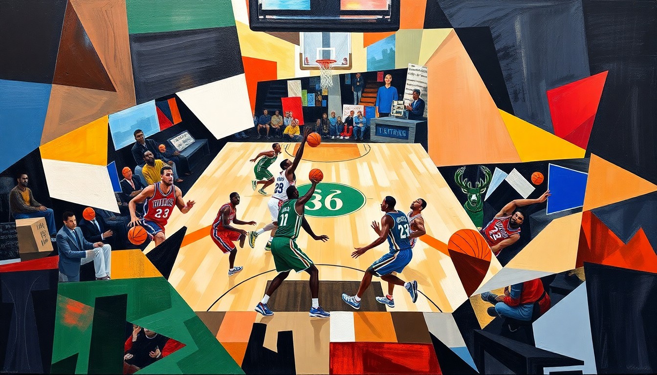 An abstract, cubist-style painting depicting the energy and movement of a basketball game, with overlapping geometric shapes and planes representing the players and action on the court.