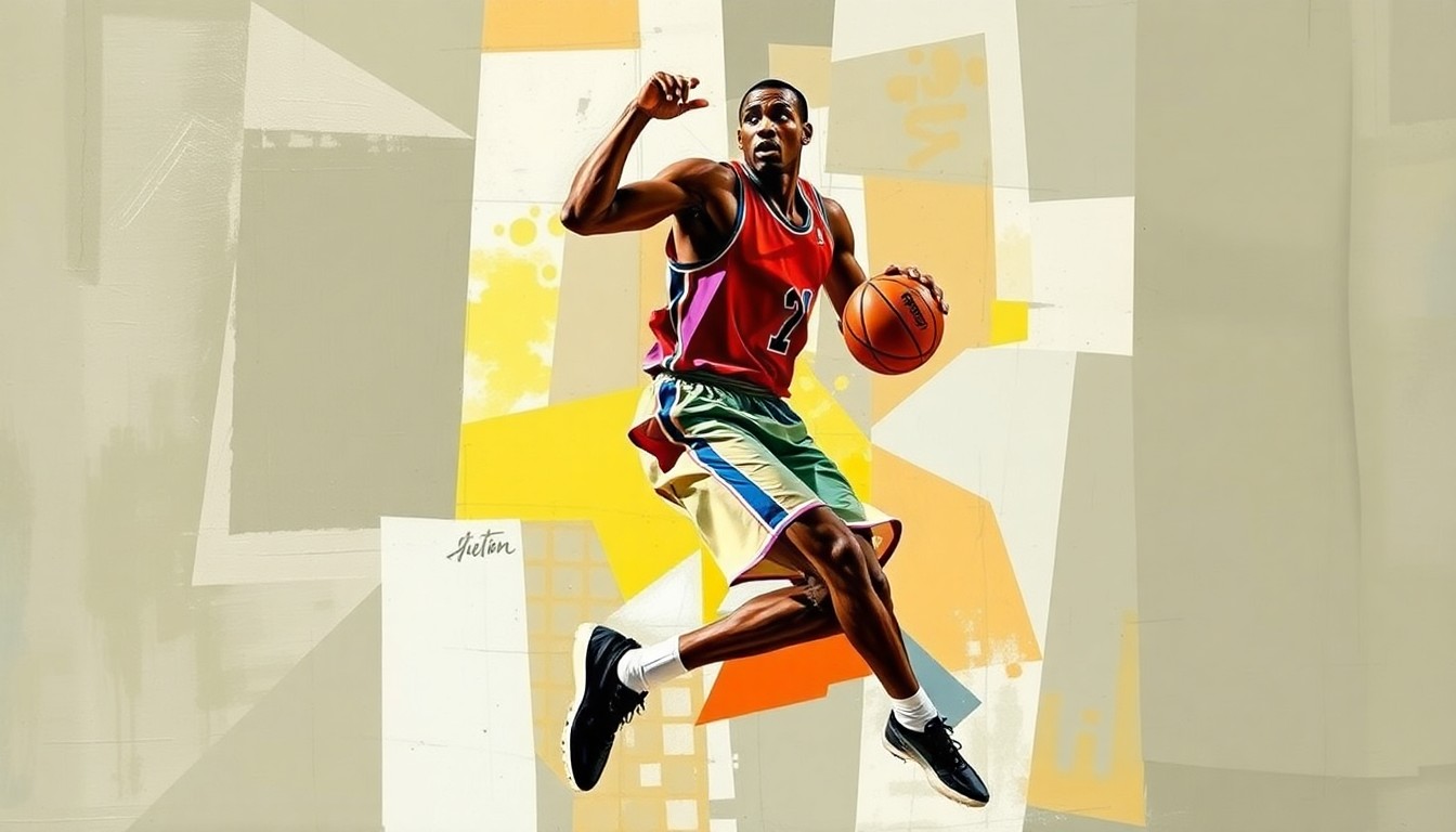 A cubist, geometric painting depicting a basketball player in motion, their form fractured into sharp, overlapping planes that capture the dynamism of the sport.