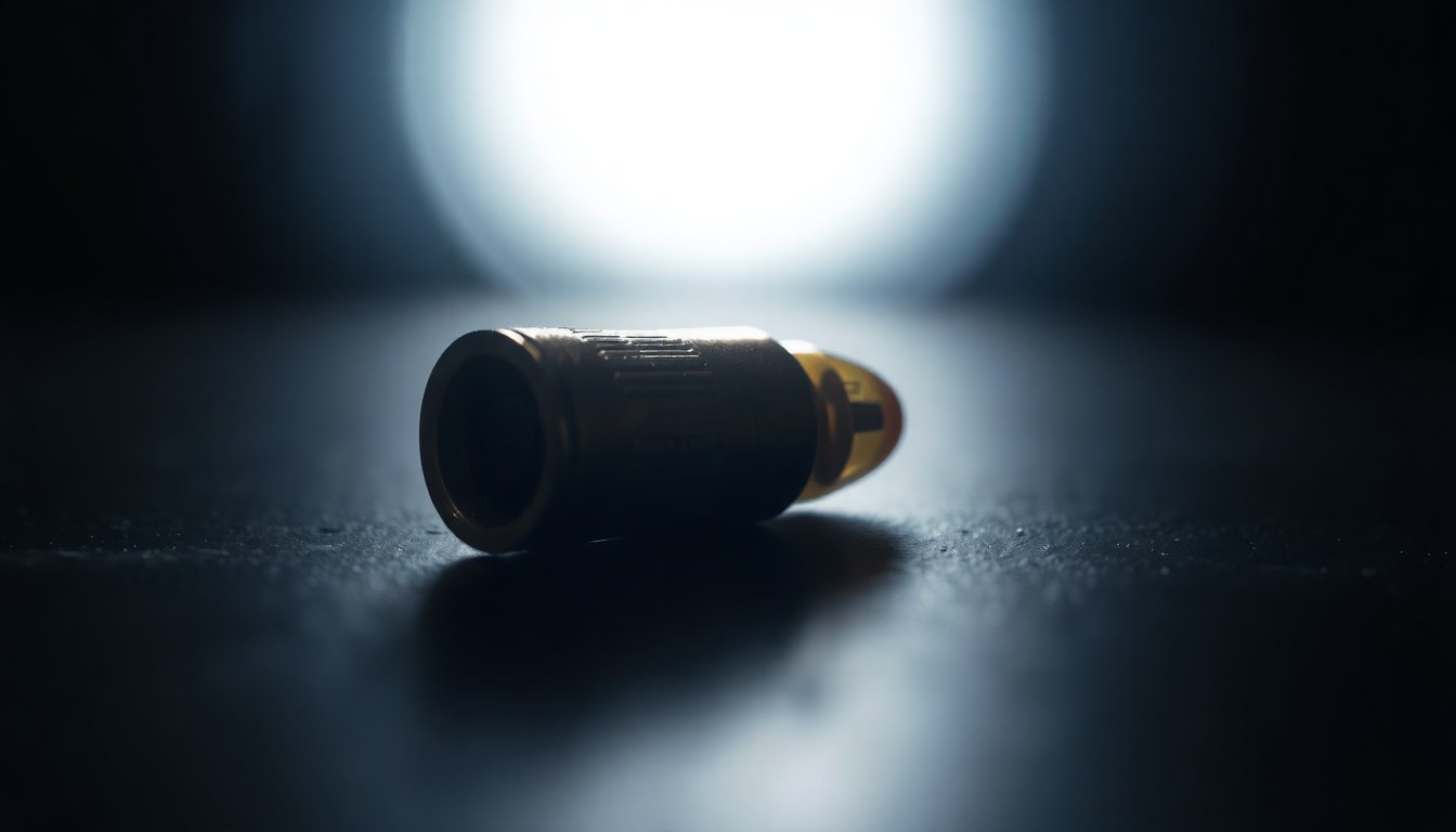 An extreme close-up of a spent bullet casing on a dark surface, the harsh flash creating a stark, gritty, investigative aesthetic that conceptually represents the gravity of a fatal shooting incident.