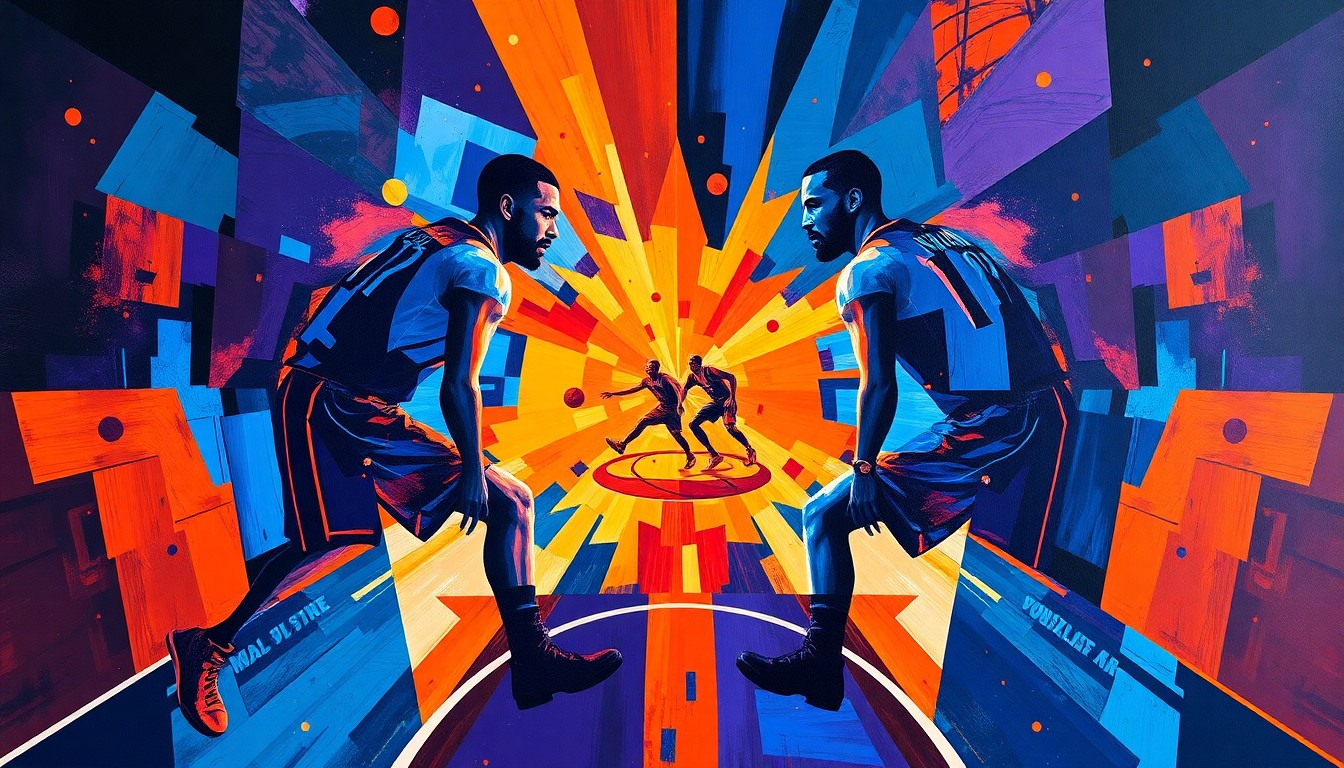 A fragmented, cubist-style painting depicting the intense action of an NBA playoff matchup between two superstar players, their bodies and the basketball court broken down into abstract geometric shapes and planes of vibrant colors.