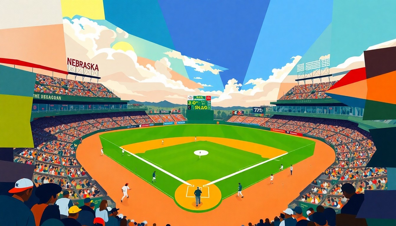 A cubist, geometric painting depicting a baseball game in progress, with the players and field broken down into sharp, overlapping planes of color representing the official team colors of Nebraska and Oregon.