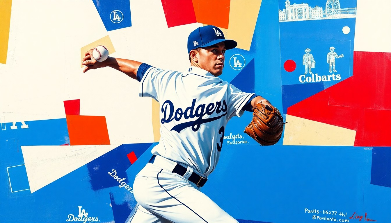 A fractured, cubist-style painting depicting the windup and delivery of a Dodgers pitcher, broken down into sharp, overlapping geometric shapes in vibrant shades of blue, white, and red, conceptually representing the team's pitching challenges.