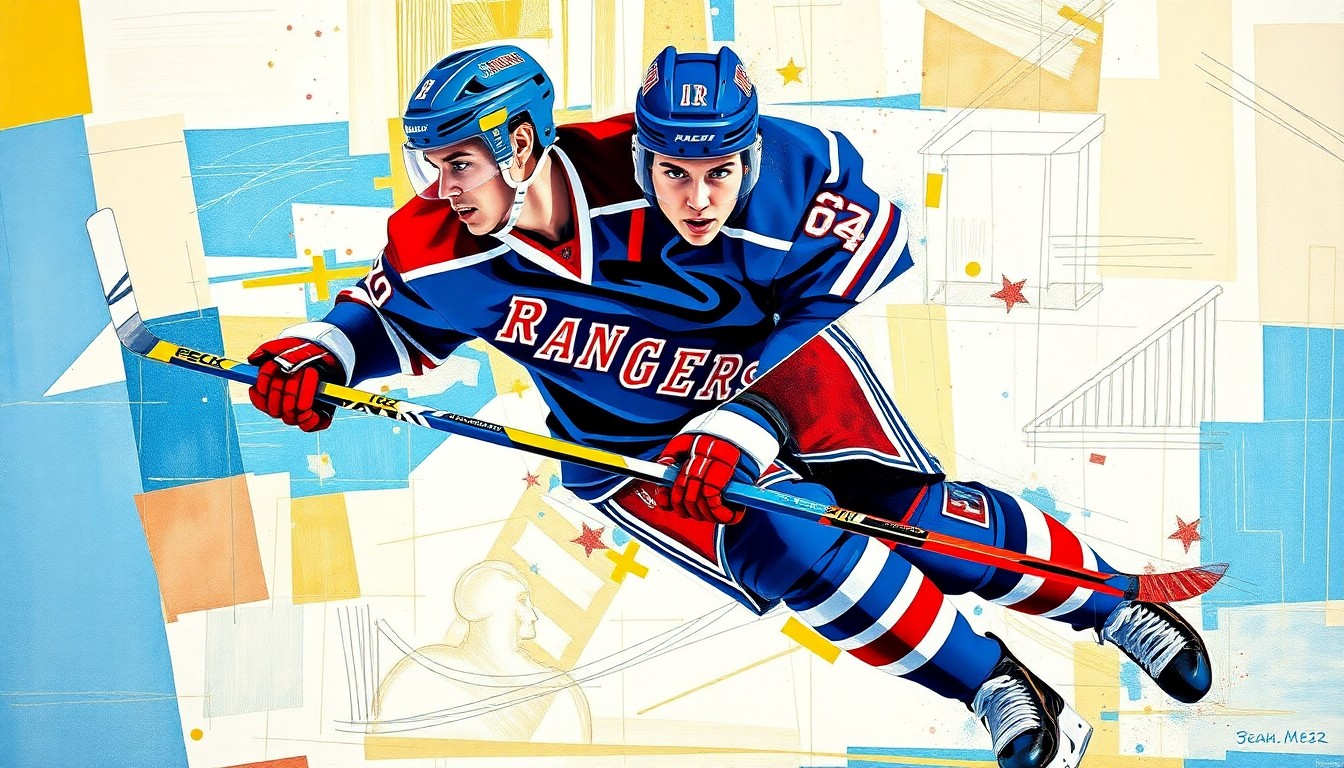 A cubist, geometric painting depicting a hockey player in motion, with sharp, overlapping planes of blue and red, representing the dynamic nature of Fortescue's transition to the NHL.