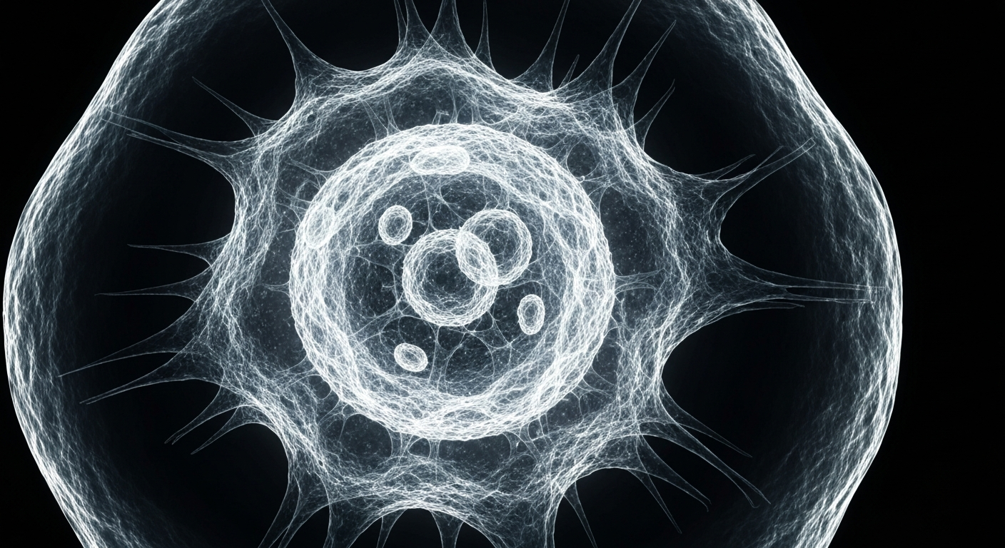 A highly detailed, translucent X-ray image showing the complex internal structure of a glowing, ghostly CAR T-cell, conceptually representing the advanced technology behind Allogene's innovative therapy.