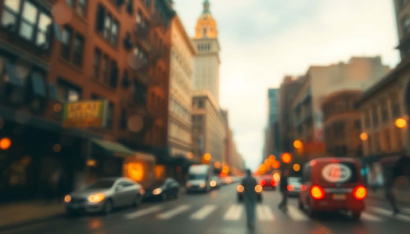 An extremely blurred and abstracted photograph of a historic downtown city street, with the iconic Tower Building visible in the background through a haze of warm, soft light and color.