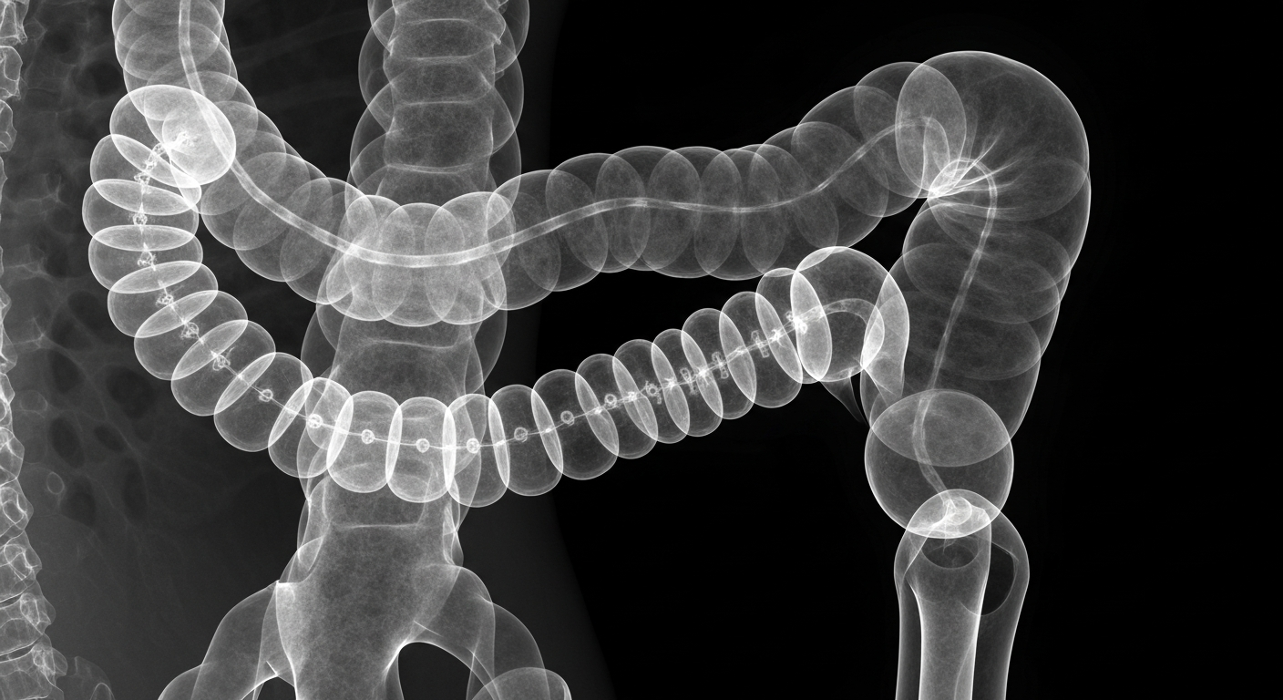 A high-contrast, translucent X-ray image revealing the internal structures of an inflamed colon, conceptually representing the target of Spyre Therapeutics' new ulcerative colitis treatment.