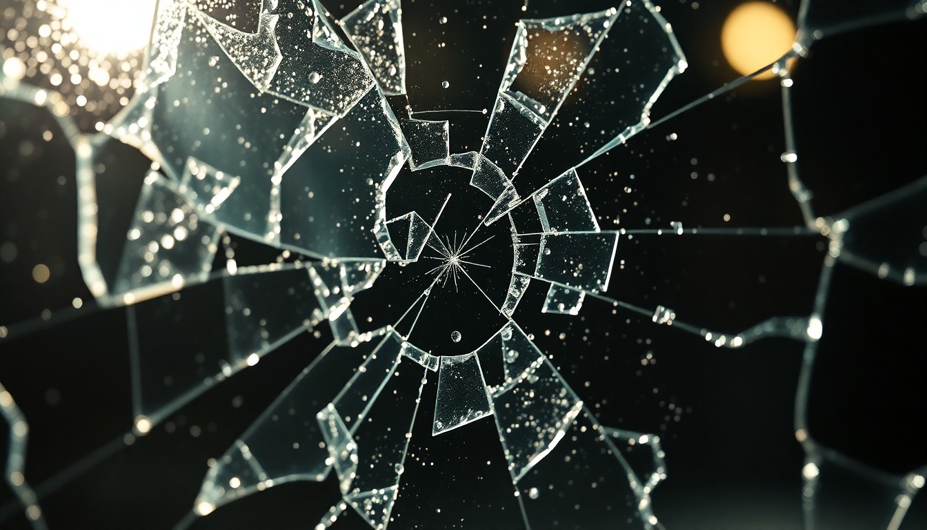 An extreme close-up of shattered glass and glittering reflections, capturing the fragile beauty and allure of classic cinema.