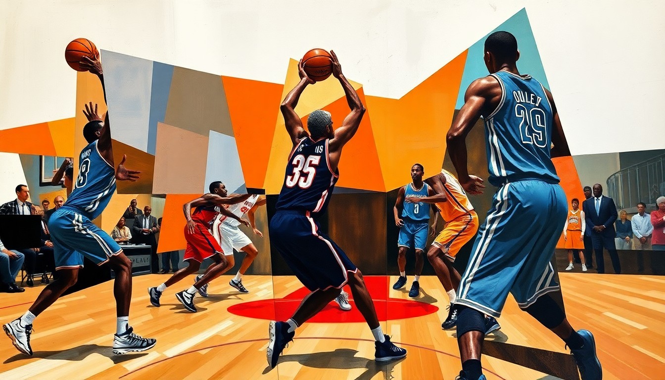 A fractured, multi-perspective painting in vibrant colors, breaking down a basketball game into sharp, overlapping geometric planes and abstract shapes, capturing the dynamic energy and movement of the game.