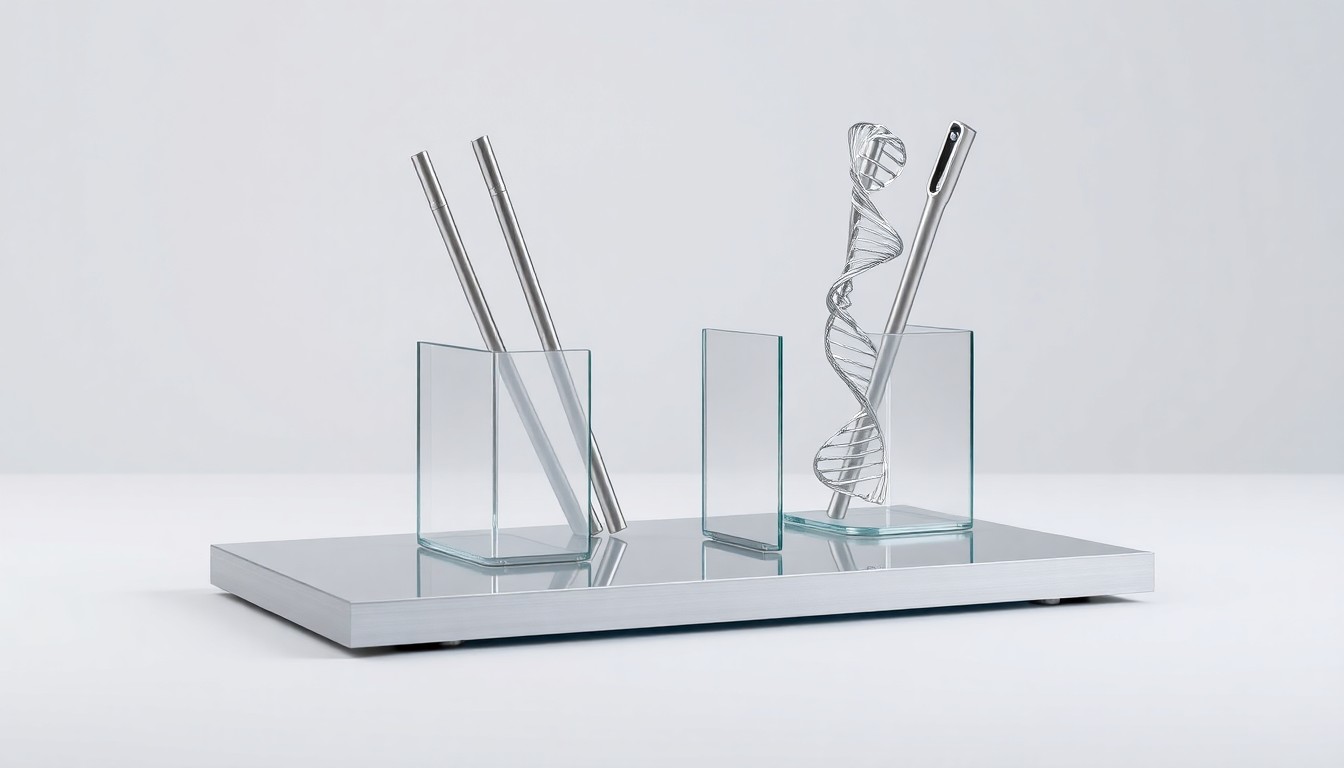 A minimalist, high-contrast studio photograph of a modern desk organizer made of brushed aluminum and glass, conveying the precision and innovation of Korro Bio's RNA editing technology.