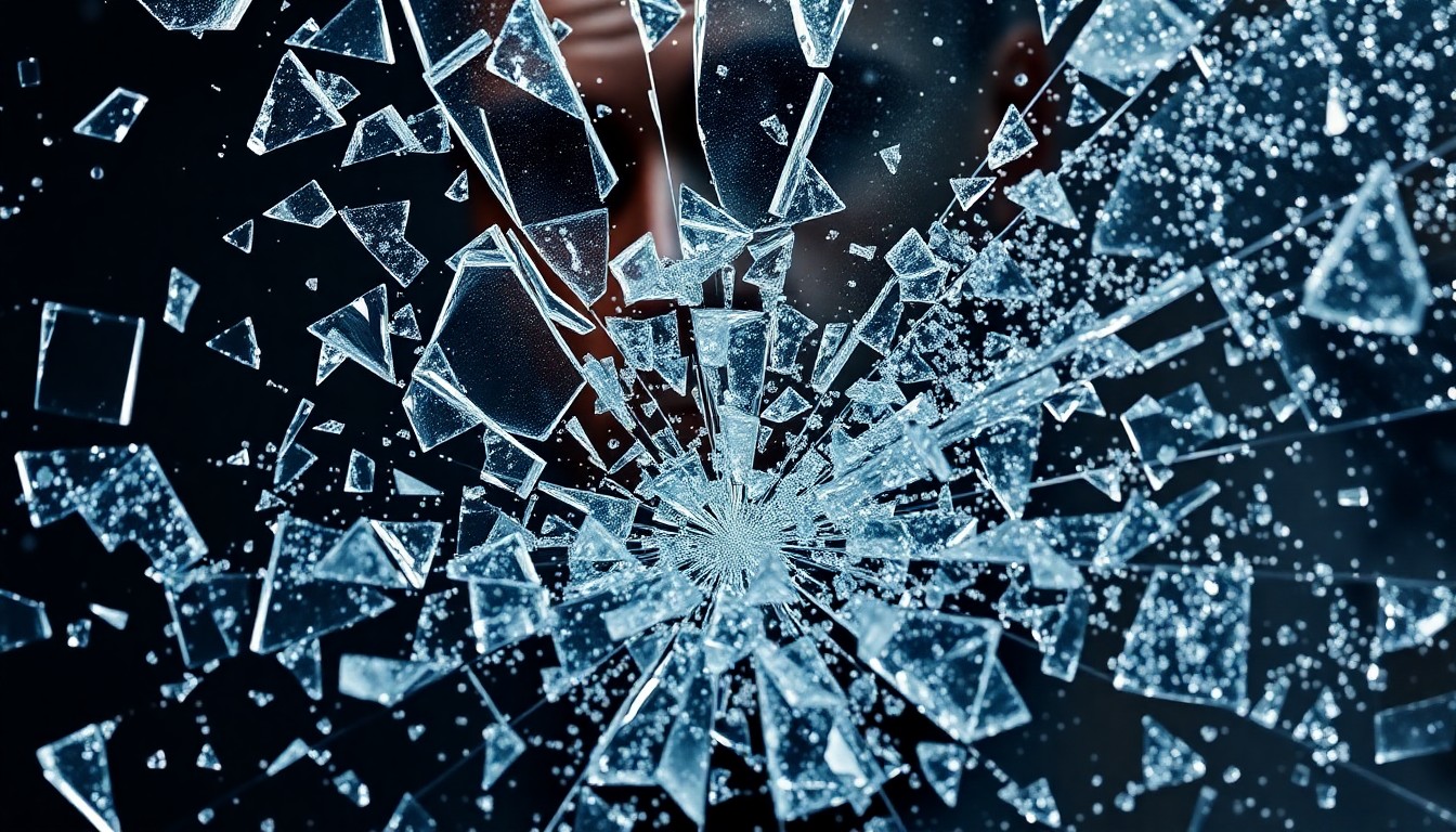 An abstract, high-contrast close-up image of shattered glass and glittering shards, conceptually representing the fragmented relationship between a celebrity parent and their children.