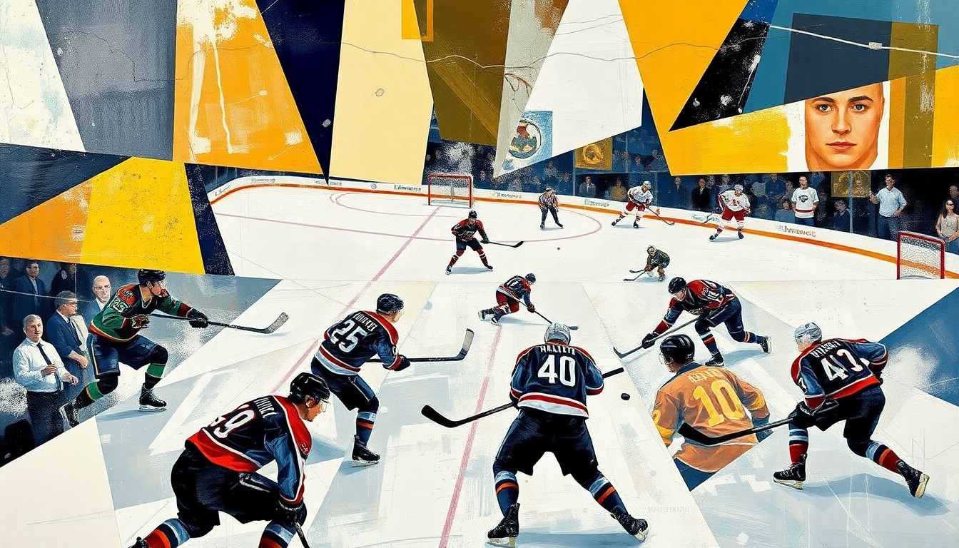 A fragmented, geometric painting in the style of Pablo Picasso, capturing the chaotic energy of a hockey game with overlapping shapes and angles, but without any recognizable players or logos.
