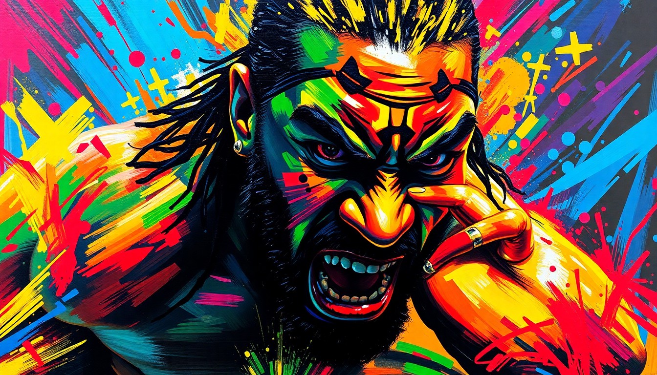 A dynamic, abstract painting in neon colors and bold brushstrokes, capturing the fierce energy and unique style of the wrestler ODB.