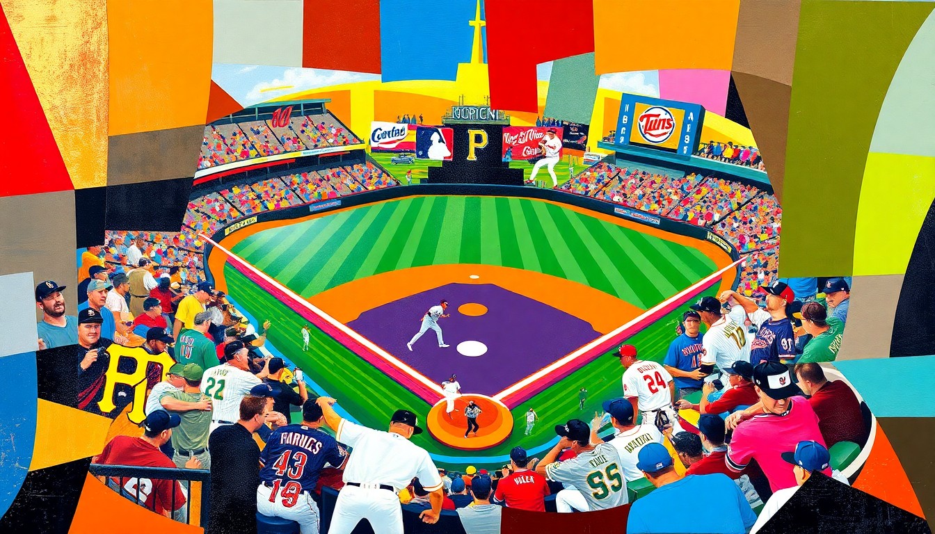 A fragmented, geometric painting depicting a baseball game in motion, with sharp planes of color representing the players and field. The dynamic energy and multiple perspectives capture the excitement of the Pirates' victory over the Twins.