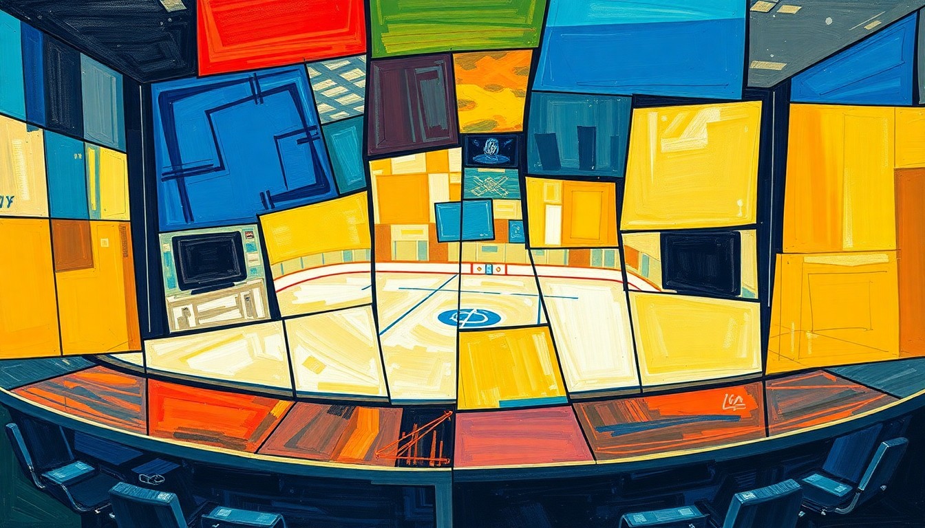 A fragmented, geometric painting depicting a hockey broadcast booth, with sharp planes of color and form representing the disruption caused by Mickey Redmond's temporary departure from the Red Wings' airwaves.