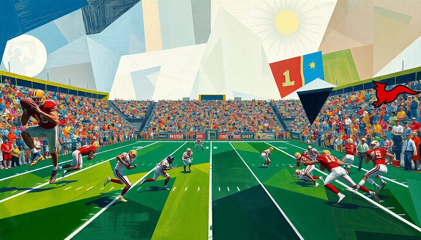 A cubist, geometric painting depicting a college football game, with players and the field abstracted into sharp, overlapping planes of color and shape, capturing the dynamic energy of the sport.