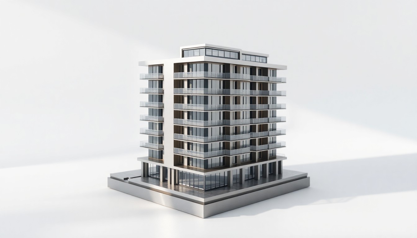 A photorealistic studio still life of a polished, geometric model of a modern apartment building made from brushed metal and glass, floating on a clean white background and dramatically lit from the side to highlight the sleek, premium materials.