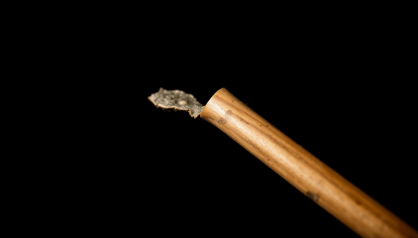 An extreme close-up photograph of a broken wooden cane against a pitch-black background, lit by a harsh camera flash, conceptually representing the weapon used in a violent attack on a Petco Park employee.