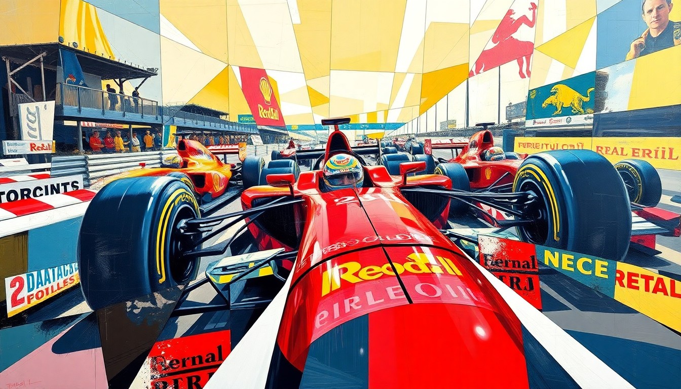 A cubist, geometric painting depicting the chaotic energy of a Formula One race, with sharp, overlapping planes of color and form representing the intense competition and technical complexity of the sport.