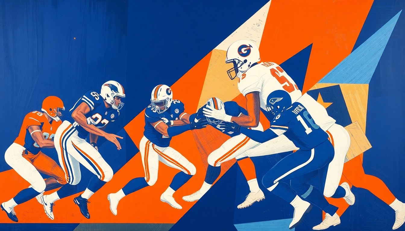A fragmented, geometric painting depicting a football play with tight ends, using sharp planes of navy blue, orange, and white to capture the dynamic movement and strategic complexity of the Bears' offense.